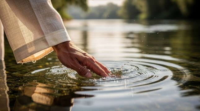 Close up of a hand wearing a white textured robe gently touching a river surface creating beautiful circular ripples symbolizing baptism healing miracles divine grace and Christian faith