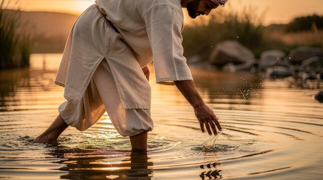 Man wearing a traditional biblical robe standing in a river touching the water surface creating ripples during sunset symbolizing baptism healing miracles divine grace and Christian faith