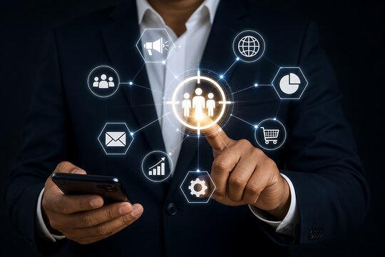 Person in a suit using a smartphone to interact with a digital marketing target interface icon