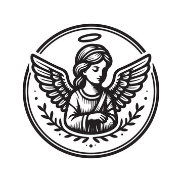 Black and white line art illustration of a serene angel inside a circular frame.