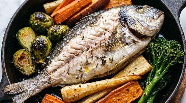 Whole roasted fish served with seasonal vegetables in a cast iron skillet. Brussels sprouts, carrots, parsnips, and broccolini create a colorful meal. Healthy dinner concept.