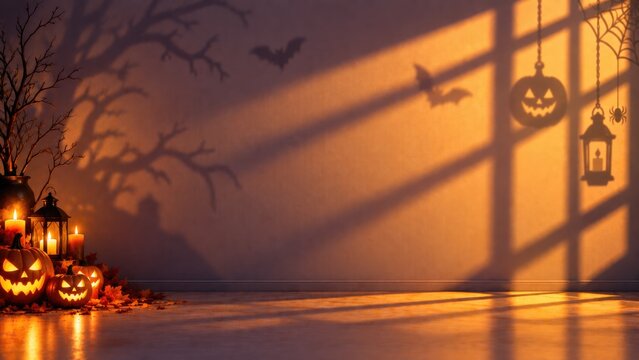 Spooky halloween background featuring glowing jack o lanterns and hanging decorations with long shadows cast across a dark room in warm light
