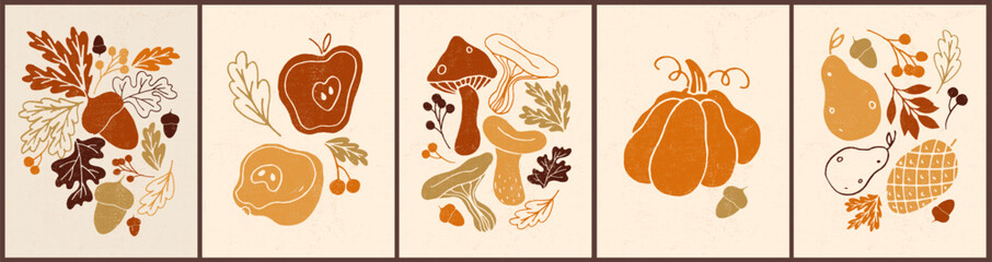 Obraz premium Set of hand drawn Craft style mushrooms, autumn food, icons, symbols, posters, cards. Food, kitchen menu design elements. Fungus, apples, pumpkin, leaves silhouettes. Wall art decor composition.