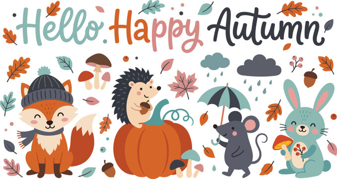 Hello Happy Autumn vector illustration, cute woodland animals with fall leaves and pumpkin, seasonal forest character set for greeting cards