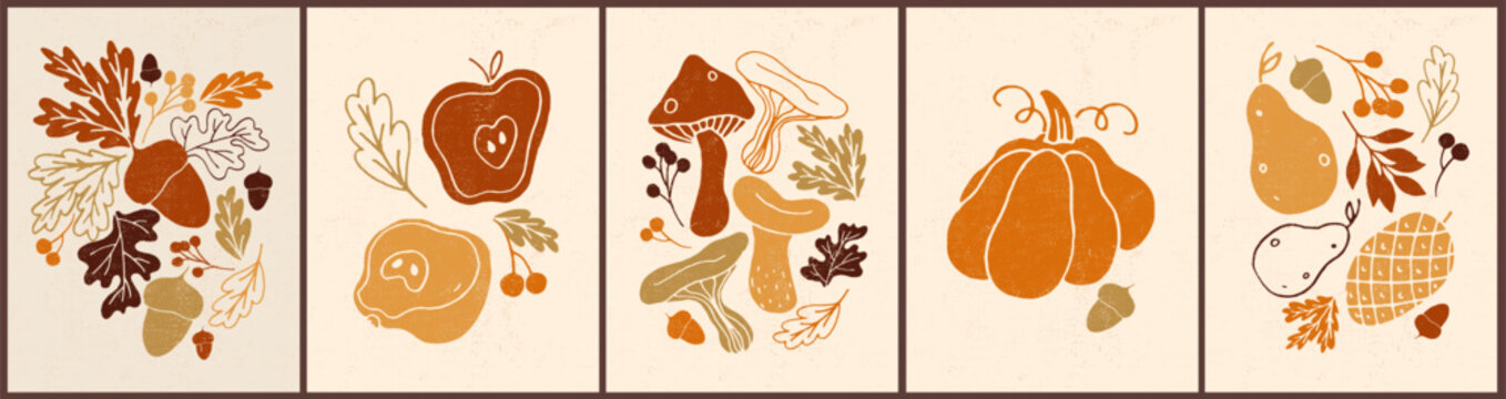 Set of hand drawn Craft style mushrooms, autumn food, icons, symbols, posters, cards. Food, kitchen menu design elements. Fungus, apples, pumpkin, leaves silhouettes. Wall art decor composition.