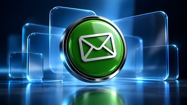 Glossy green circular 3D button with email envelope icon standing among translucent glass panels representing digital communication and contact us concept
