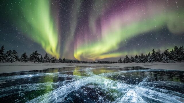 Vibrant aurora borealis lights glow across the starry night sky above a frozen lake covered in cracked ice patterns and snow covered pine trees in a tranquil winter wilderness landscape