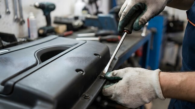 Professional mechanic hands in protective gloves using a manual screwdriver to remove and disassemble a black car door panel for interior maintenance and repair in an automotive service garage.