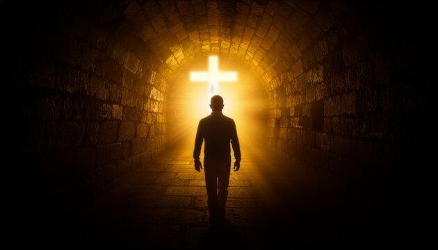 Silhouette of a man walking inside a dark ancient stone brick tunnel toward a glowing holy cross in bright golden light representing salvation hope resurrection and Christian faith