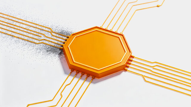 An octagonal orange electronic chip connected to multiple circuit traces, set against a plain white background, showcasing semiconductor technology.