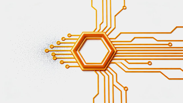 A schematic circuit board design featuring a hexagonal central core with connecting traces on a plain white background.