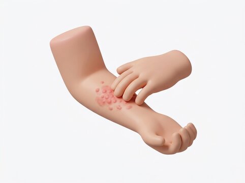 3d illustration of arm with red raised rash and hand scratching skin isolated on white background