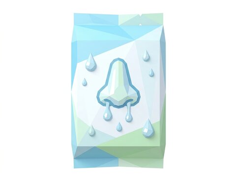 Low poly illustration of human nose with water drops representing runny nose symptom in blue green colors