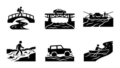 Obraz premium Crossing Rivers: Bridge, Ferry, Hiking, Off-road Vehicle, Kayak Icons Set