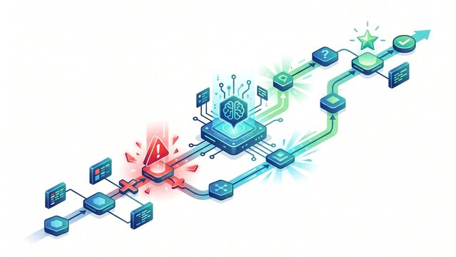AI Agent Automating Business Exception Handling and Error Resolution Workflow Isometric Vector Illustration