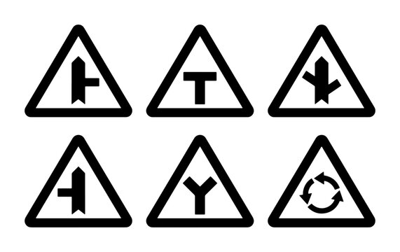 Road Intersection Warning Signs Vector Icons, Traffic Safety Symbols, Navigation Alerts, Roadway Junction Graphics