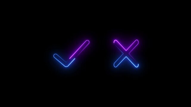 Tick or check mark and cross mark signs neon icon animation neon icons, False and true accept video..