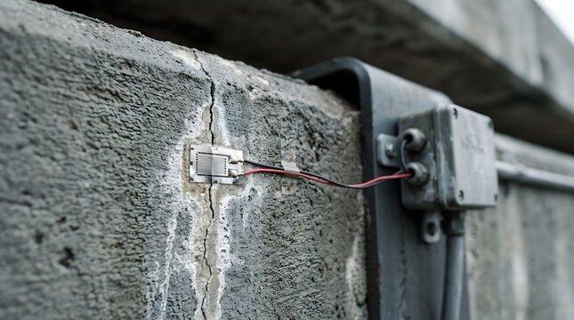 Close up of an electronic strain gauge sensor monitoring a vertical crack on an aging structural concrete wall connected to a wiring junction box