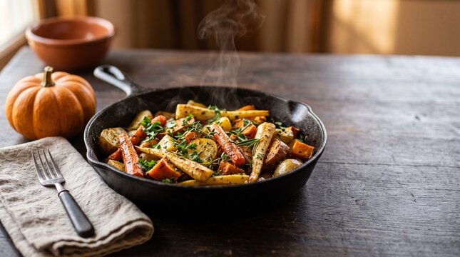 Close-up of roasted root vegetables in cast iron beside pumpkin