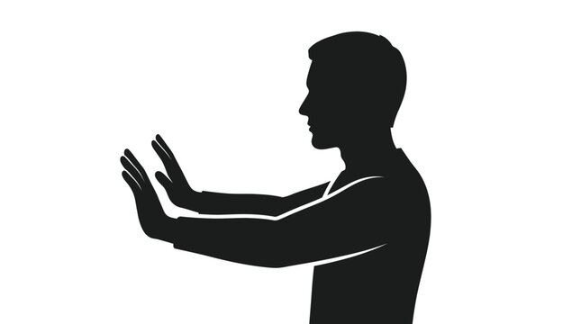 Man pushing against invisible surface with hands flat in minimalist black and white graphic style