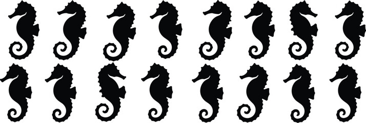 A set of black seahorse silhouettes in different poses arranged in two horizontal rows on a white background © MDMasud