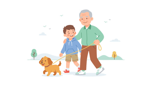 heartwarming scene of a young boy and elderly man walking the dog in a peaceful park setting showcasing intergenerational bonds