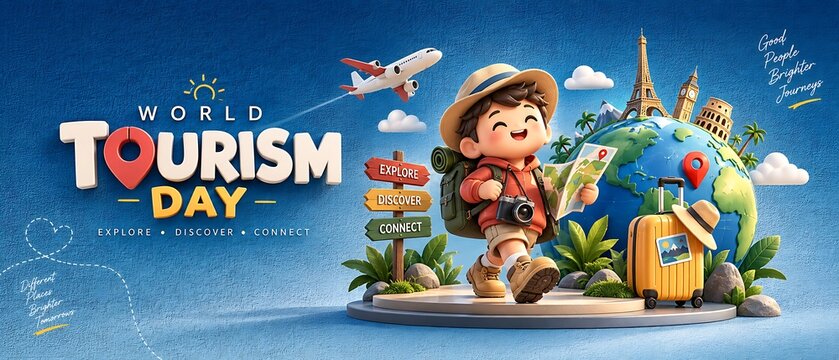 World tourism day celebration banner featuring young traveler character globe and landmarks travel character world map globe model holiday season landmarks