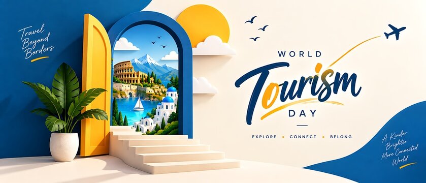 World tourism day conceptual design featuring an open door revealing a scenic mediterranean seaside landscape summer holiday destination travel adver