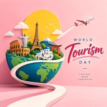 World tourism day concept featuring miniature globe with world famous landmarks and flying airplane tourism promotion world travel vacation planning