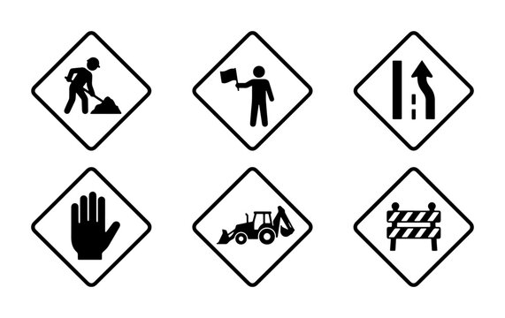 Construction Road Signs Set: Worker, Flagman, Lane Merge, Stop Hand, Bulldozer, Barrier Icons
