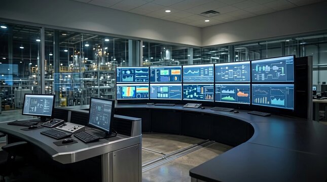 Modern industrial control room with curved monitor setup and digital twin dashboard 3D render