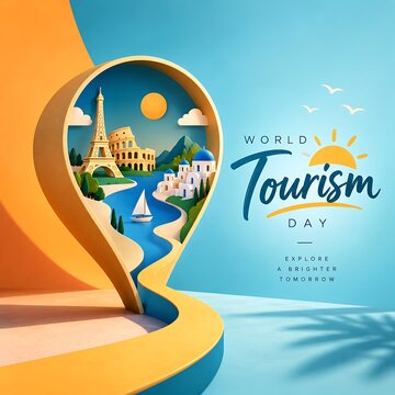 World tourism day illustration featuring global landmarks within a map pointer vacation planning holiday travel tourist destination travel adventure