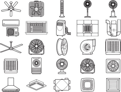 A collection of various fan and air conditioning illustrations, showcasing a range of designs from ceiling fans to portable units.