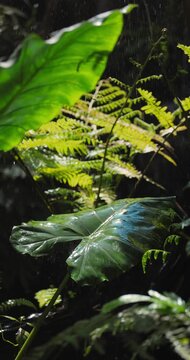 Tropical Green Leaves and Ferns in Falling Rain Close-Up