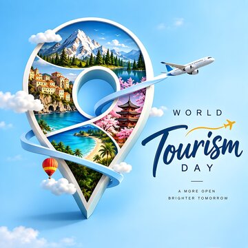 World tourism day conceptual map pin design featuring famous global attractions travel attractions vacation destination holiday travel tourist spots