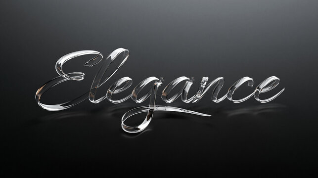 Transparent cursive glass typography spelling elegance with light reflections on a dark background   