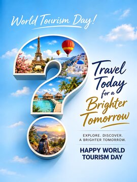 World tourism day celebration poster featuring global travel landmarks inside a question mark symbol travel concepts vacation planning adventure travel
