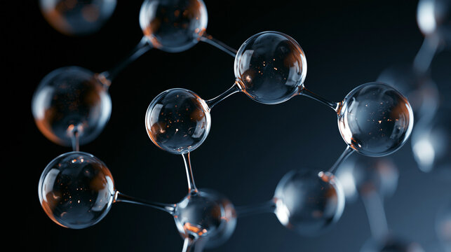Transparent glass molecular structure model with connected spheres and glowing light reflections on dark background   