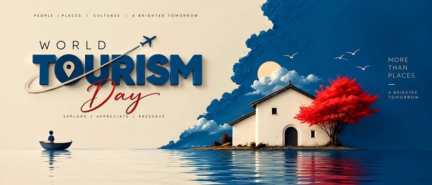 World tourism day conceptual illustration with plane path and peaceful lakeside house red tree travel industry vacation planning travel design blue sky