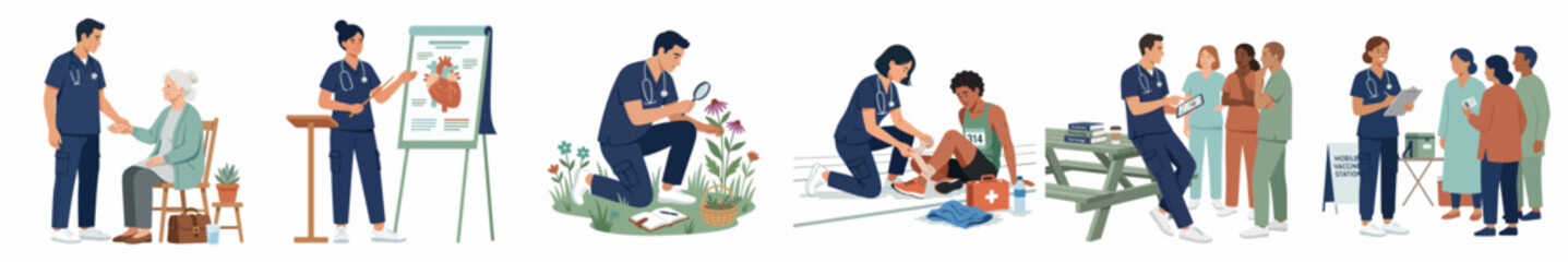 Obraz premium Collection of medical illustrations showing diverse roles of nurses in healthcare, patient care, first aid, and community education.