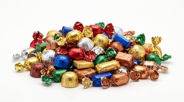 A colorful pile of foil-wrapped candy treats for a spooky Halloween party night featuring a haunted moon, a witch, a pumpkin, and a black cat