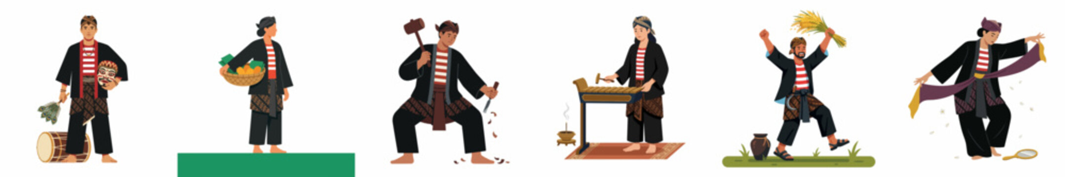 Illustrations of Madurese People in Traditional Pesa'an Attire Engaged in Various Cultural, Agricultural, and Craft Activities