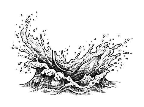 A detailed hand-drawn of a powerful ocean wave splashing isolated on a clean white background