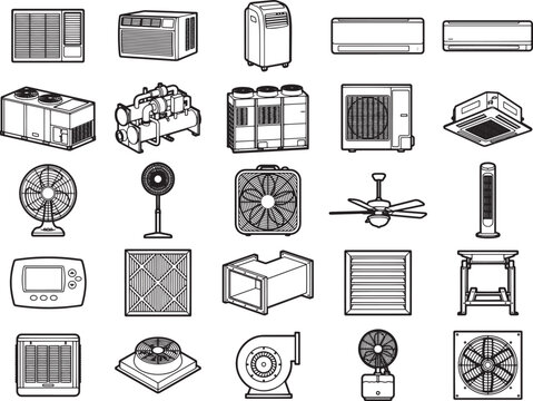 Collection of air conditioning units, fans, and ventilation parts for climate control systems.