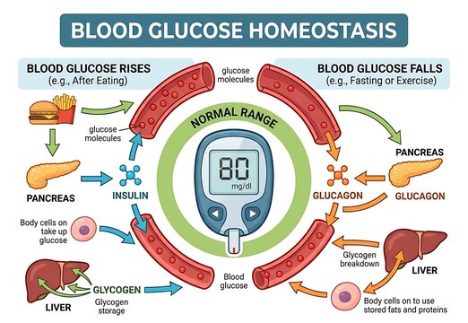 Medical infographic explaining human blood glucose homeostasis