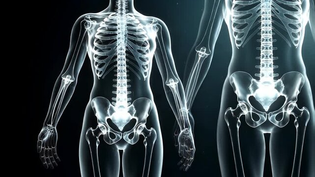 3D Animation of Human Skeleton Anatomy Highlighting Spine, Ribcage, and Pelvis Structure for Medical, Healthcare, and Scientific Concepts 