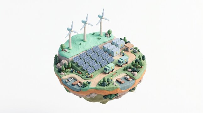 Isometric 3D Clay Render of Autonomous Clean Energy Microgrid Island Concept