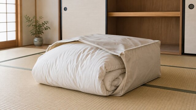 無地収納袋へ収める途中の冬用掛け布団