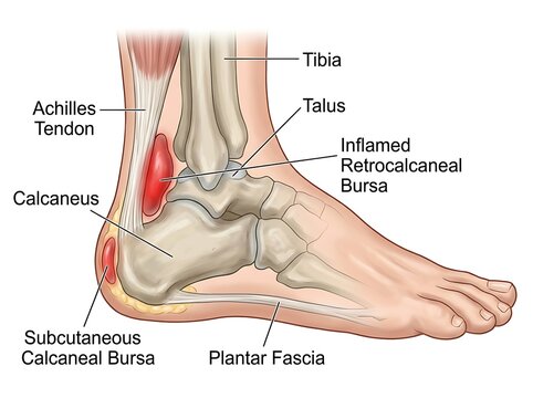 Anatomical diagram of human foot showing bursitis and tendon