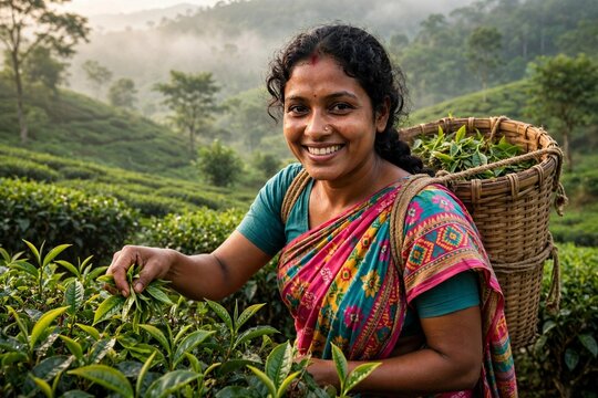 Bangladeshi female farmer working in Sylhet tea garden plucking tea leaves